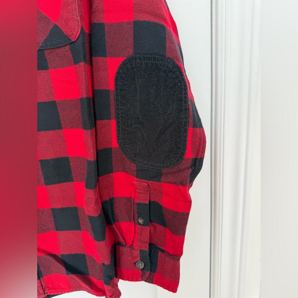 BNWOT Roots Canada Red Black Buffalo Plaid Flannel Shirt Jacket Elbow Patches L - Picture 5 of 9